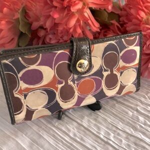 COACH Ashley Signature Silk bifold checkbook wallet brown leather w/purple